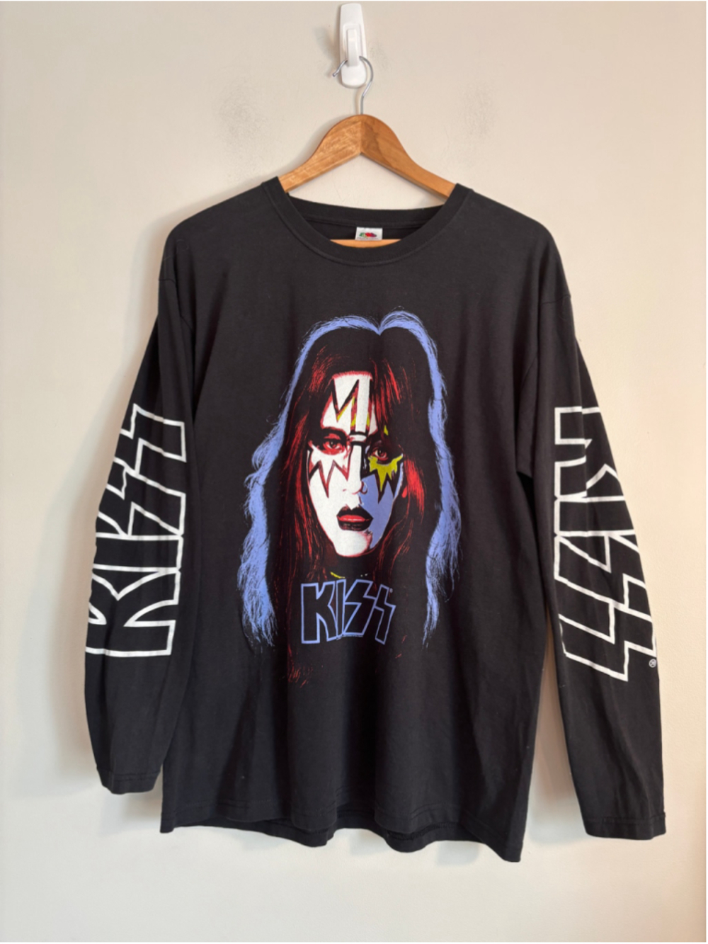 KISS Ace Frehley Long Sleeve All Over Graphic Tee, Size L, Black/White Vintage